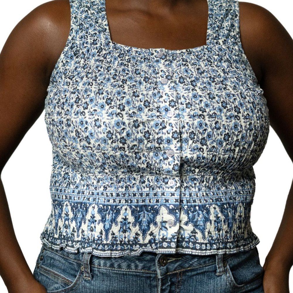 Floral Blue Sleeveless Stretch Tops